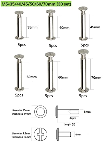 CONPHERON Chicago Screws 30 Sets Binding Screw 6 Sizes Rivets for Leather Decoration Book Binding (Nickel Plated) - Image 2