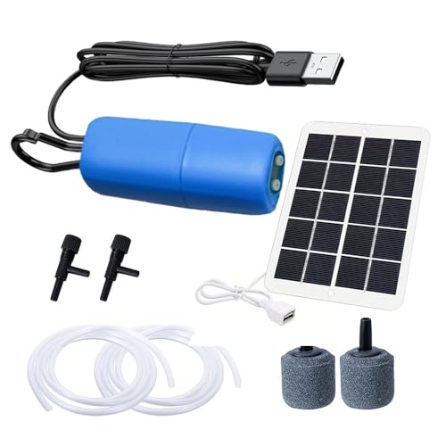 SQLMTAU Mini Bomba de Aire USB para acuarios + Panel Solar, Adecuada para la Pesca al Aire Libre，Doble Salida de...