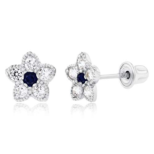 Solid 14K Gold 6mm Flower 1.75mm Natural Birthstone Screwback Stud Earrings For Women | 6mm Flower Earrings | 1.50mm Created White Sapphire Milgrain Flower Screwback Earrings For Women