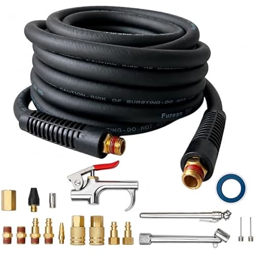 19 Pieces Air Compressor Accessories Kit, 3/8 Inch x 25FT Hybrid Air Compressor Hose Kit with 1/4 in NPT Quick Connect Air Fittings, Air Tool & Air Compressor Accessories Kit, Bend Restrictors,300 PSI