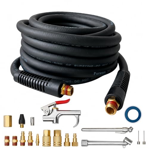 19 Pieces Air Compressor Accessories Kit 3/8 Inch x 25FT Hybrid Air Compressor Hose Kit with 1/4 in NPT Quick Connect Air Fittings Air Tool & Air Compressor Accessories Kit Bend Restrictors 300 PSI
