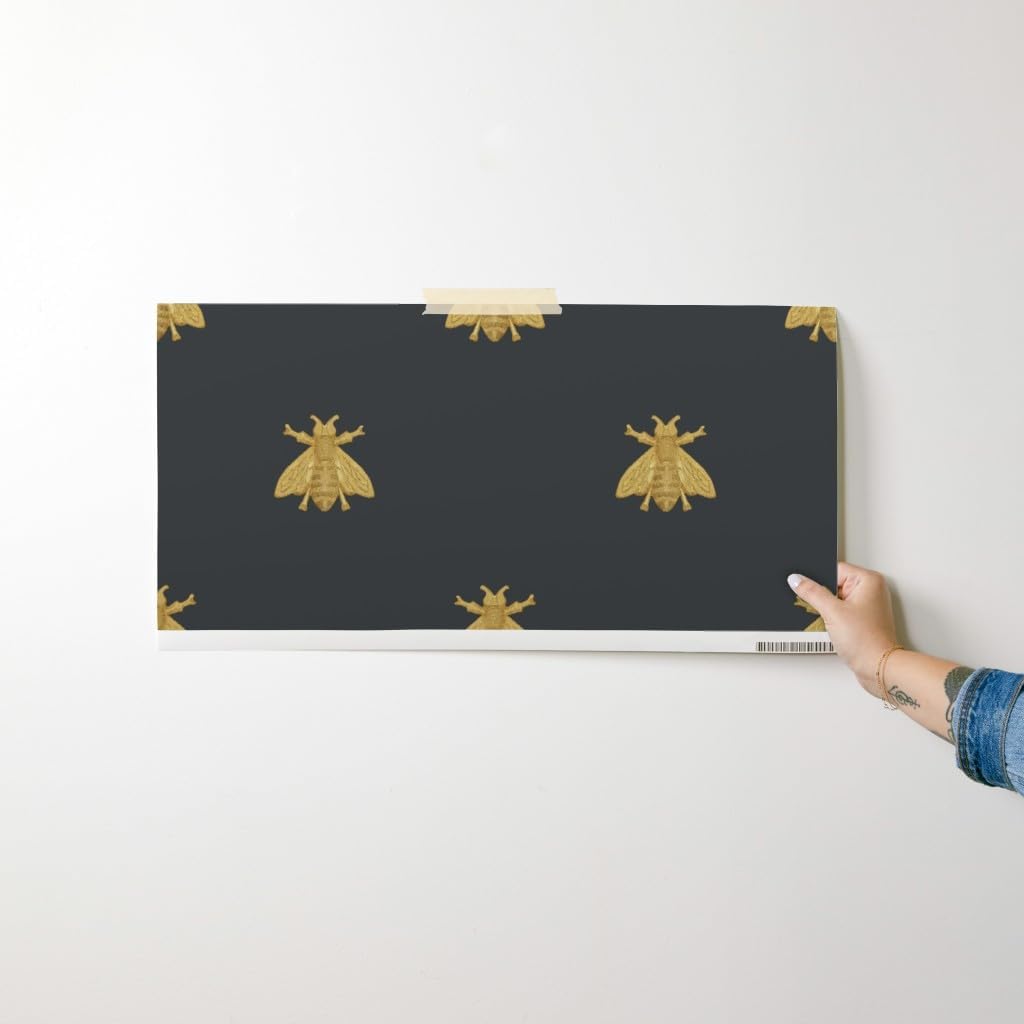 Peel & Stick Wallpaper Swatch - Bees Bee French Antique Gold Nature Insects Bugs Simple Black Custom Removable Wallpaper by Spoonflower