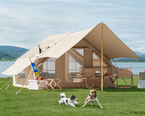 PulseFay Inflatable Camping Tent with Pump & Awning, 8 Person Air Tents for Camping Adult, Large Waterproof Oxford Family Glamping Tent, Quick Setup Big Tent for Outdoor Camping