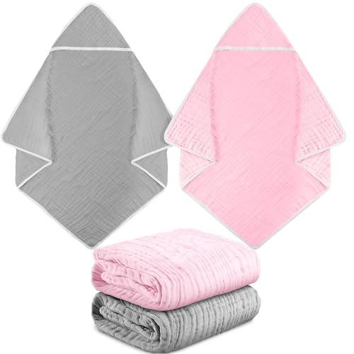 Image of Chumia 2 Pieces Muslin Hooded Baby Towels for Newborn Girls Boys 32"x 32" Cotton Infant Bath Towel Absorbent Unisex Hooded Blankets for Babies Toddler, Newborn Registry Baby Gift (Pink,Gray)
