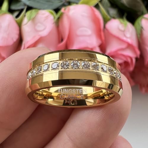 8mm Silver/Black/Gold Tungsten Rings for Men Women Couple Eternity Anniversary Engagement Wedding Bands Fashion Jewelry CZ Stone Inlay Beveled Polished Shiny Comfort Fit3