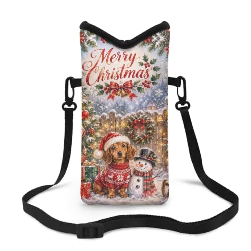 Image of Neoprene Crossbody Phone Pouch for Christmas Small Shoulder Bag Portable Mini Travel Bag for Phone, Keys, Lipstick, 8 x 4 inch, Dachshund Dog Snowman Merry Christmas Print