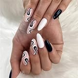 24 Uñas postizas de líneas negras elegantes cortas a presión en forma de almendra, puntas francesas, decoración de uñas para mujeres y niñas