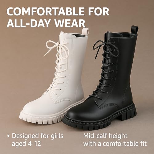 Girls Lace Up Riding Boots – Kids Mid Calf Combat PU Leather Boots