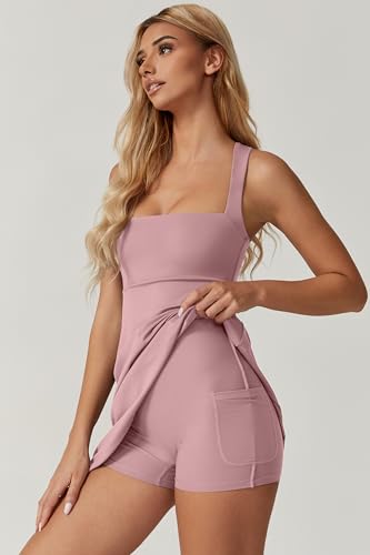 Image of QINSEN Womens Square Neck Tennis Dress Sleeveless Built in Shorts Golf Athletic Dress with Pockets