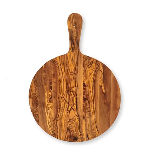 Planche de service de qualité supérieure avec poignée « The Pizzamood » - En bois d'olivier fait à la main - Diamètre : 32 cm - Longueur : 44 cm - Assiette à pizza