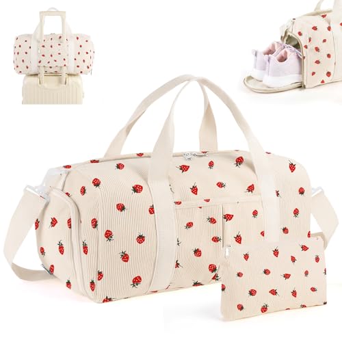 2PCS Cute Gym Bag for Girls Corduroy Duffle Bag with Wet Pocket & Shoe Compartment and item bag Duffle Bag for Travel Sports Fitness & Workout