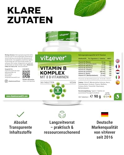 vit4ever Vitamin B Komplex - 365 Tabletten - 12 Monatsvorrat - Alle 8 B-Vitamine in 1 Tablette - Vitamin B1, B2, B3, B5, B6, B12, Biotin & Folsäure - Vegan