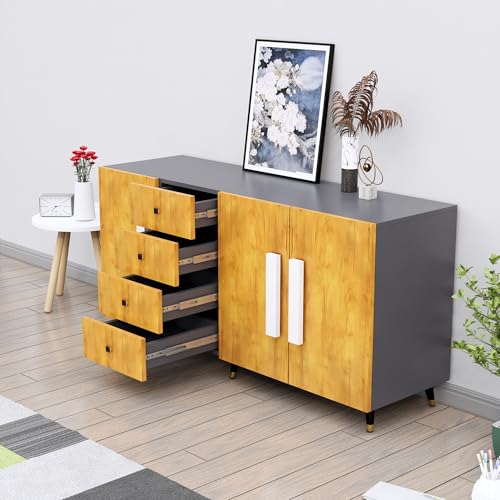 Image of Bniture Storage Cabinet Wooden for Living Room Sideboard with 4 Drawer and 3 Door | Storage Organizer Chest of Drawer Cabinet for Home Hallway Drawing Room Bedroom Kitchen | Slate Grey & Giant Wood