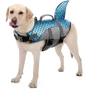 kuoser Dog Life Jacket, High Flotation Dog Life Vest for Swimming, Boating and Water Safety, Shark Puppy Swimsuit Ripstop Pet Lifesavers with Durable Lift Handle, Blue 2XL 2XL(Chest:30.7"-37
