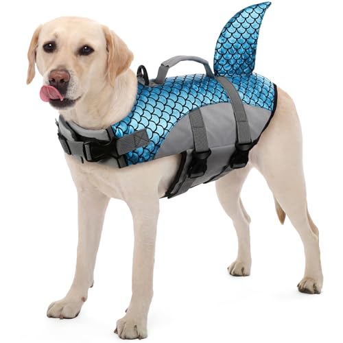 kuoser Dog Life Jacket, High Flotation Dog Life Vest for Swimming, Boating and Water Safety, Shark Puppy Swimsuit Ripstop Pet Lifesavers with Durable Lift Handle, Blue 2XL 2XL(Chest:30.7"-37