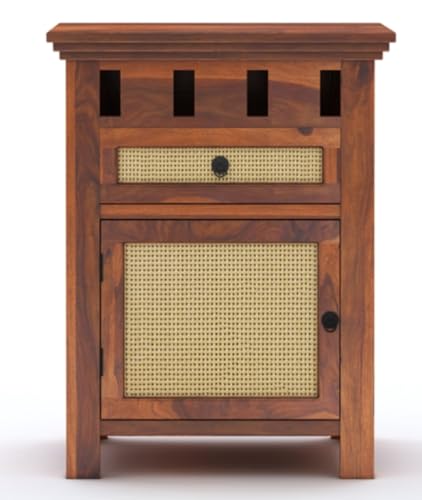 Image of Sheesham Wood Bedside Table for Bedroom Living Room Home Office with 1 Drawer and Cabinet Storage Solid Wood Table Furniture | End Table | Nightstand | Sofa Side Table (Honey Finish)