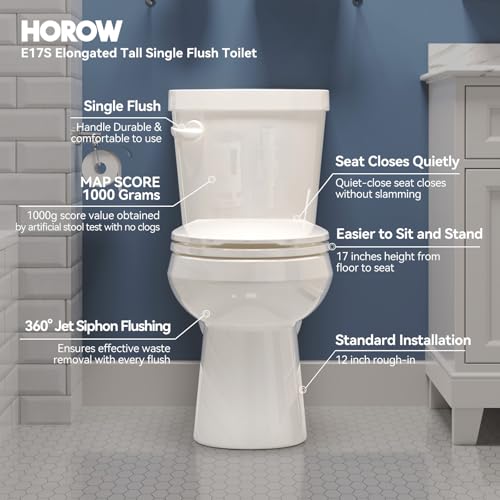 HOROW-17-Inch-Tall-Toilet-Two-Piece-Elongated-Toilet-with-ADA-Comfort-Chair-Height-Seat-Powerful-128-GPF-Single-Flush-Toilet-for-Bathroom-12-Rough-In-High-Toilet-for-Seniors-White-Toilet-Bowl HOROW 17 Inch Tall Toilet Two Piece Elongated Toilet with ADA Comfort Chair Height Seat Powerful 128 GPF Single Flush Toilet for Bathroom 12 Rough In High Toilet for Seniors White Toilet Bowl
