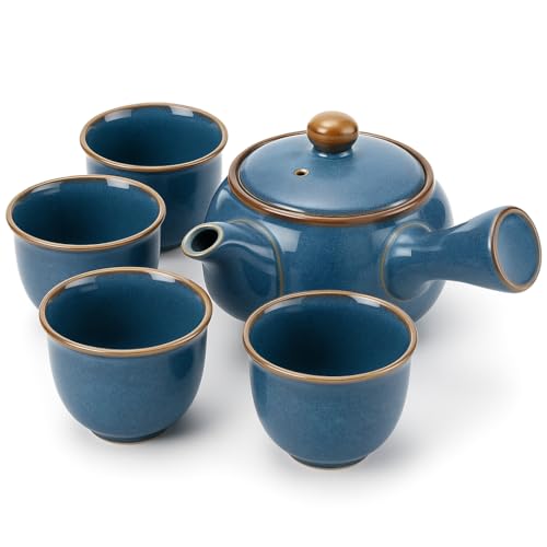 Set da tè giapponese Kyusu in ceramica blu – teiera 320 ml manico laterale con colino in acciaio inox + 4 tazze 110 ml – ideale per tè verde Sencha e Gyokuro (Umi)