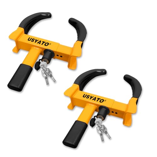 USYATO 2Pcs Universal Heavy Duty Wheel Lock-Anti Theft Trailer Lock & Car Boot, Adjustable Security Tire 11.4 for Trailers, Cars, Golf Cart, ATV, SUV, RV, Boat, Camper, Motorcycle,6 Keys,Yellow+Black