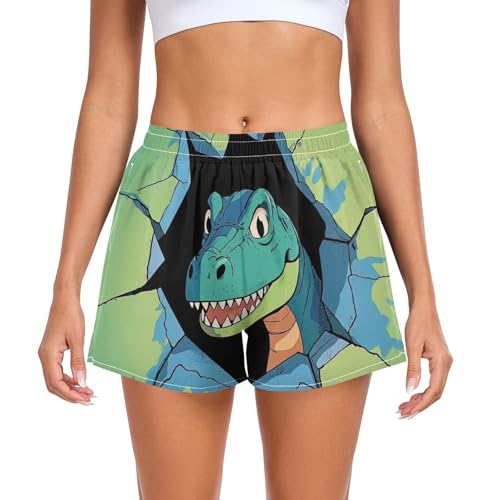 EtherSpher Funny Cartoon Wall Dinosaur Women's Athletic Shorts Elastic Waisted Teens Yoga Shorts for Biking Surfing Vacation Swim Party Short para Mujer L