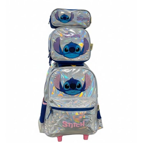 Kit Mochila com Rodinhas Stitch original com Lancheira Térmica e Estojo, Holográfico Prateado, 51x37cm, 3 Peças