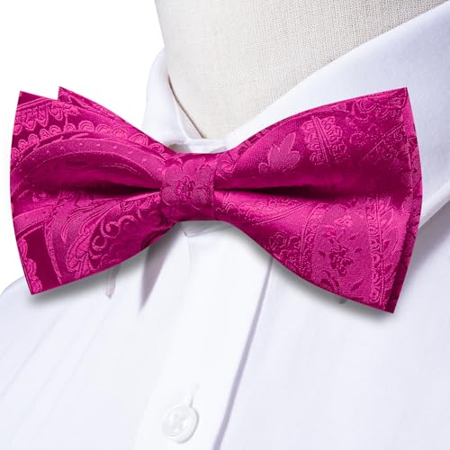 Image of Hi-Tie Bow Tie Men Pre Tied Bowtie Pocket Square Cufflinks Lapel Pin Formal Wedding Bow Ties for Men Party Tuxedo Bowtie Set,Barbie Pink Paisley Floral