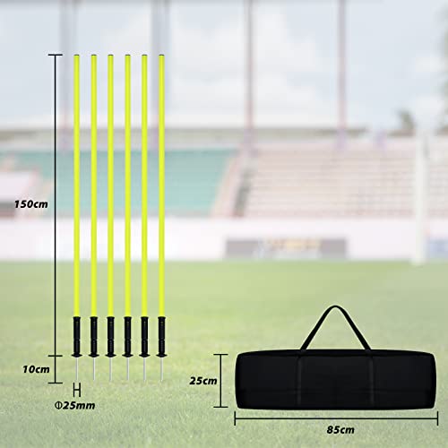 YRHome Slalomstangen Fussball Set 150cm Slalom Poles 6 Slalom Stangen mit Erdspieß Sprunghafte Agilität Stangen Fussball trainingszubehör für Koordinationstraining, Slalom, Fußball, Hundetrainingsset