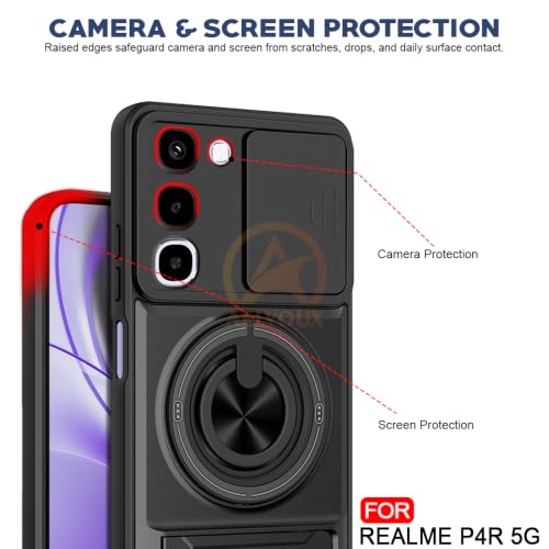 Image of Realme P4R 5G Back Cover | Armor Camera Slider 360 Degree Rotating Finger Ring Holder Case with Bracket Stand Back Case Cover (Compatible with MagSafe Accessories) (Black)