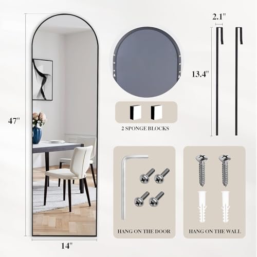 Image of Black Arched Over The Door Mirror for Hanging, 47x14 Full Length Mirror