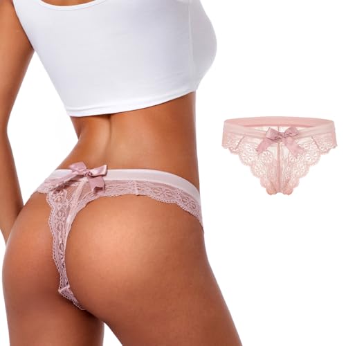 Image of sasiga Women Lace Bow Thongs,T Back Low Waist Panties Sexy V-Shape Design Floral Lace,Breathable Panties for Women 3-Pack