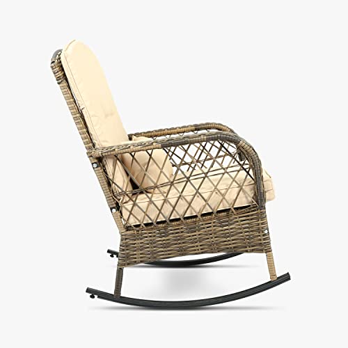 Cirmubuy 3-Piece Outdoor Furniture Set, Rocking Conversation Chair, Wicker Cushioned Patio Rocker With Side Table For Porch, Garden, Poolside & Deck, Beige #TOP7