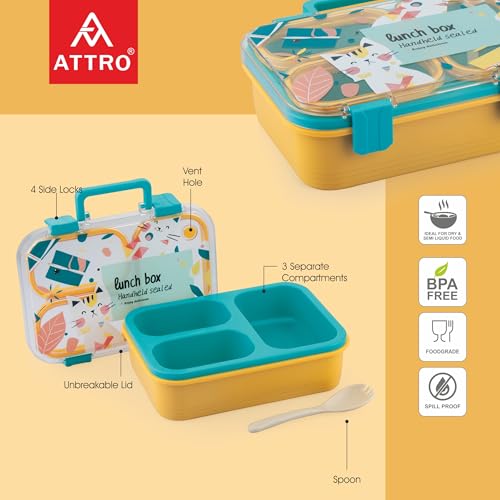 Image of ATTRO Kitty Kart Plastic Lunch Box - 3 Compartment Bento Tiffin, Leak-Proof & Durable, Plastic Cutlery, Ideal for Kids, School,Picnic - 800ml, Blue Orange