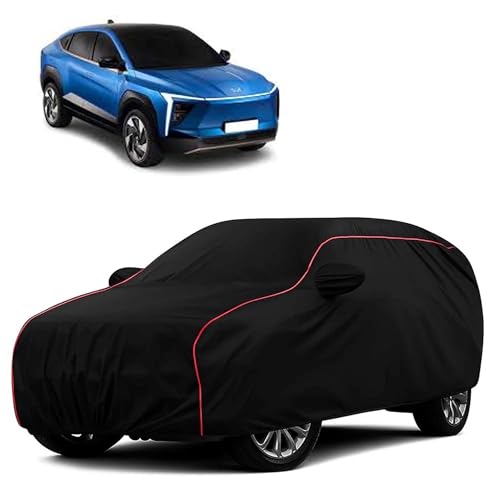 Sulfar 100% Water Resistant Car Body Cover Compatible with Mirror for Mahindra XEV 9e (Triple Stitched, Full Bottom Elastic, Black with Red Piping)