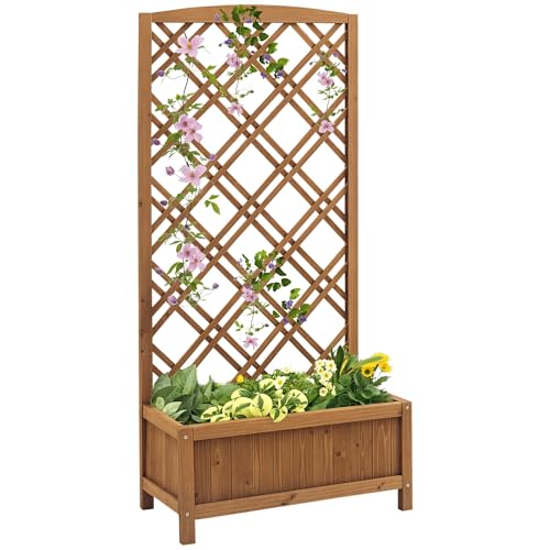 Outsunny Jardinera con Enrejado Jardinera con Celosía de Madera Macetero con Soporte para Trepadora Cultivos Plantas en Exterior Terraza Jardín Balcón 60x30x122,5 cm Natural