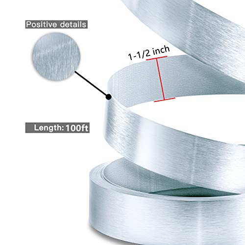 Image of Silver Edge Banding, Brushed Aluminum 1 1 /2 inch x 100ft Non Glued Flexible Durable Real Wood PVC Veneer Edge Trim for DIY Table Cabinet Furniture Decorative Trim