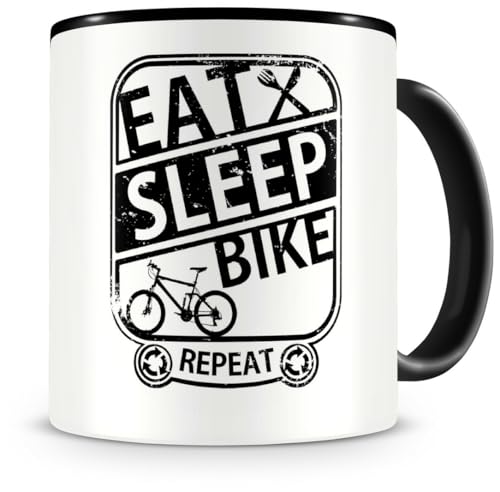 Samunshi® Mountain Bike MTB Mug with Saying Eat Sleep Bike Repeat Gift for Biker Coffee Cup Large Funny Cups for Birthday Black 300 ml