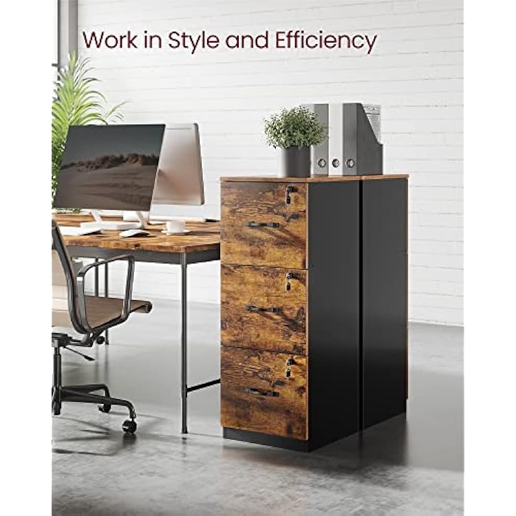 VASAGLE 3-Drawer Vertical File Cabinet, Filing Cabinet for Home Office, Printer Stand, with 3 Lockable Drawers, Adjustable Hanging Rail, for A4 and Letter-Size Files, Rustic Brown and Black UOFC055B01
