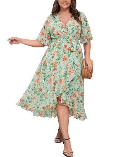 Image of SCOMCHIC Women Plus Size Maxi Dress Short Sleeve Wrap V Neck High Low Split Ruffle Long Dress