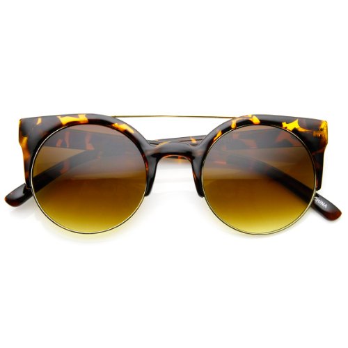 zeroUV Double Bridge Crossbar Half Frame Cateye Sunglasses (Tortoise-Gold Amber)
