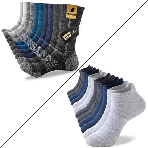 Men's Cotton Cushioned Crew Work Socks 5 Pairs and Bamboo Rayon Breathable Ankle Socks 6 Pairs, Multicolor Size 10-13