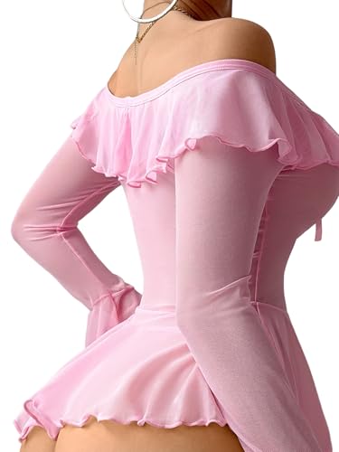 Image of Foxiny Sheer Ruffle Long Sleeve Babydoll Lingerie Dress | Off-shoulder neckline, flared cuffs and a flounce hem add movement; thong and thigh-high stockings complete the 3-piece set
