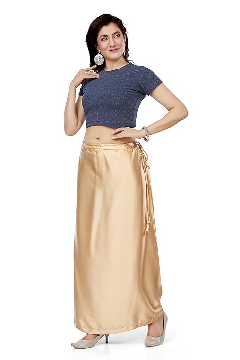 Khushboo Enterprise Satin Solid Silk Petticoat Underwear Skirt, Saree Shape Wear Dress, Free Size, Beige 38 Inches Long, Drawstring Waist4
