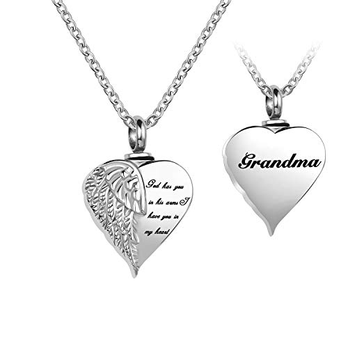 LuxglitterLin Angel Wing Heart Cremation Urn Necklace for Ashes Grandma Keepsake Memroial Jewelry God Has You in His Arms I Have You in My Heart