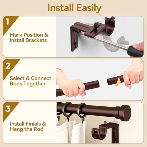 Image of YaFex Curtain Rods 32-170 Inch, Heavy Duty 1 Inch Adjustable Curtain Rod for Windows, Bronze Brown Extra Long Window Treatment Rods, Modern Design, Easy Installation