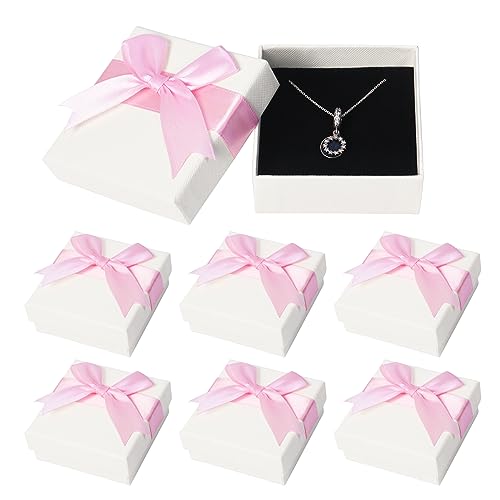 6 Stück Geschenkbox mit Deckel für Schmuck, 7,5× 7,5× 3,5 cm Geschenkbox Schmuck Geschenkschachtel Klein mit Schleife für Halskette, Ohrringe, Ring(Rosa)