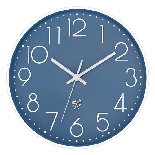 Foxtop Atomic Wall Clock Battery Operated Round Analog Modern Wall Clock Sets Automatically for Office Classroom Bedroom Kitchen Living Room (Cerulean)
