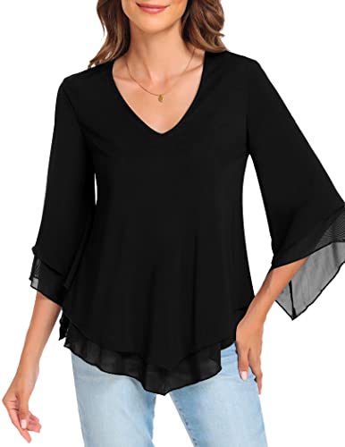Comdecevis Women's V-Neck Chiffon Blouse Flowy Bell Sleeves Tops Summer Elegant Casual Solid Shirts Black #TOP13