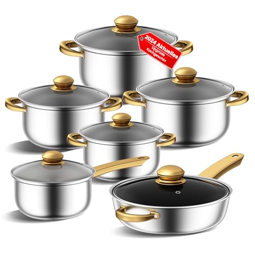 Set di pentole e padelle in acciaio inossidabile, set di pentole da cucina da 12 pezzi, set di cottura atossico con manici Stay-Cool, funziona con piani cottura a induzione/elettrici e (oro K)