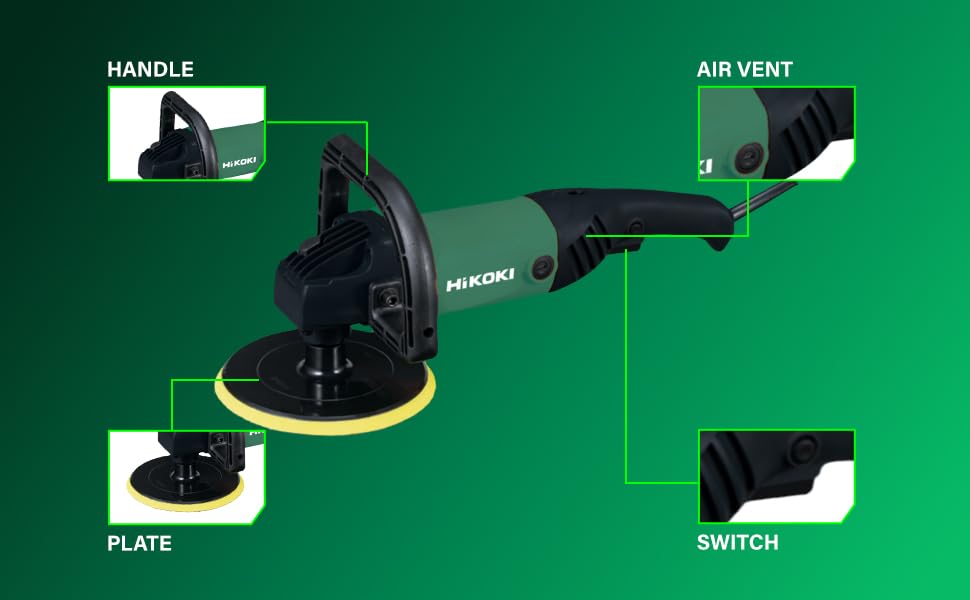 HIKOKI SP18VCS9Z 180 mm Corded Polisher 1200W | 600-3300Rpm | 2.9Kg | Black & Green 4