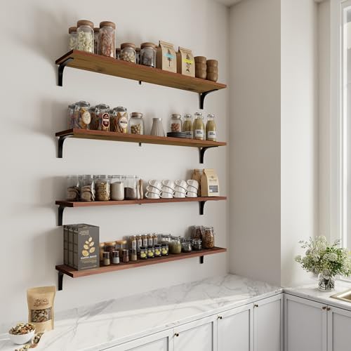 Image of 12 Inch Deep Floating Shelves Set of 4, 48 Inch Extra Wide Brown Solid Wood Wall Shelves, 4ft Heavy Duty Farmhouse Wall Mounted Shelving for Kitchen, Living Room & Bedroom
